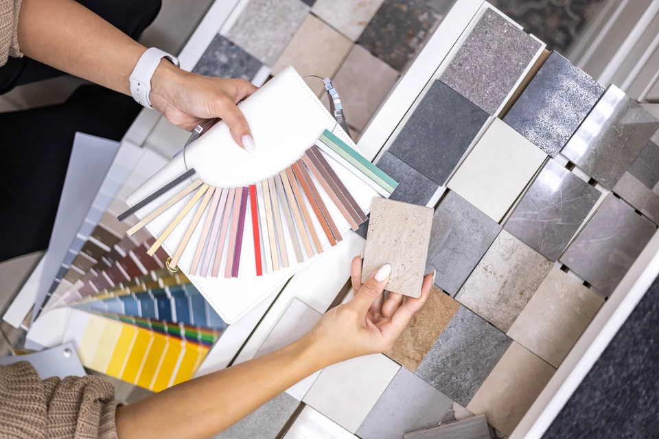 Une femme architecte designer sélectionne un motif époxy pour les carreaux céramiques comparer des échantillons de finition des oeuvres concept en gros plan vue de dessus