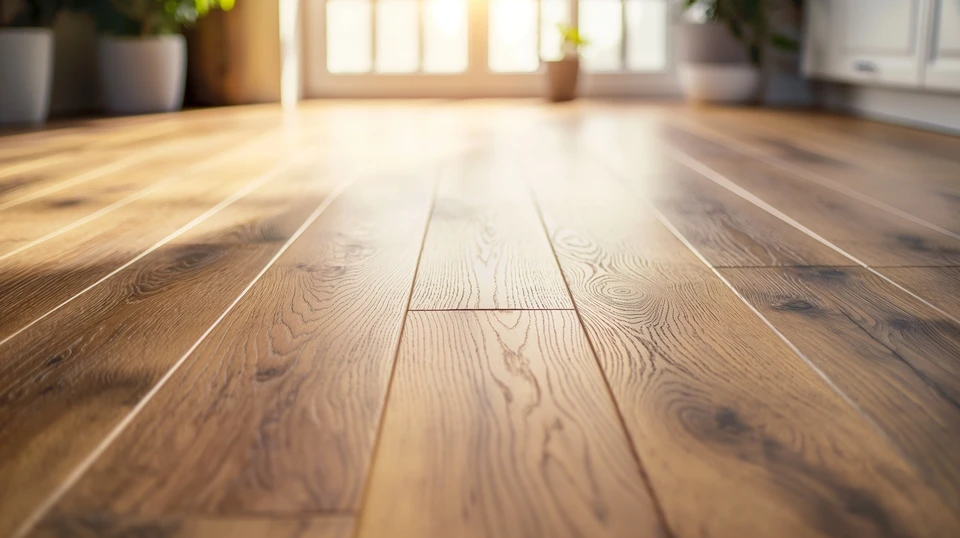 Échantillons de parquet et revêtements de sol en bois disposés en éventail sur fond blanc neutre